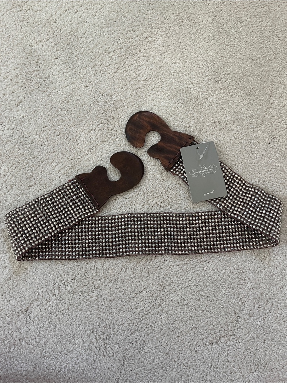 NWT Anthropologie Brown and Metallic Beaded Stretch Belt - Size L
